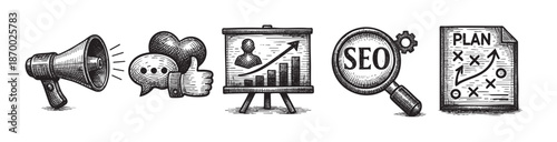 A collection of hand-drawn sketch icons representing key elements of digital marketing, including a megaphone, speech bubble, graph, SEO magnifying glass, and a plan.