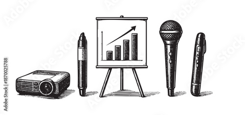 A retro ink sketch displays a collection of business presentation tools including a projector, pens, a microphone, and a flip chart with a rising bar graph.