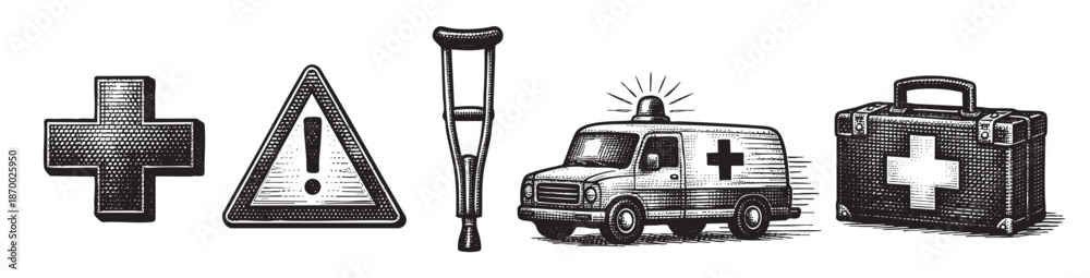 Obraz premium A vintage illustration featuring a cross, warning sign, crutches, ambulance, and first aid kit in a graphic style, ideal for healthcare and emergency themes.