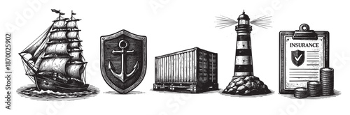 A black and white illustration collage features a sailing ship, anchor shield, shipping container, lighthouse, and insurance document with coins, representing global trade and protection.