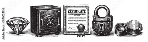 Vintage black and white illustration of a diamond, safe, certificate, padlock, and magnifying glass arranged on a flat surface, representing security, value, and authentication.
