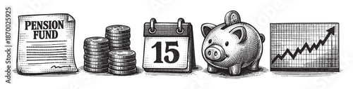 A hand-drawn sketch illustrates a pension fund document, stacked coins, a calendar showing the 15th, a piggy bank, and an upward trending graph, representing financial planning and savings growth.