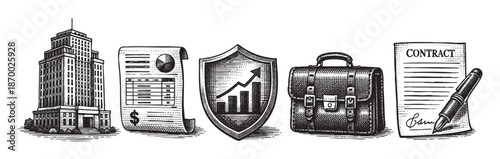A hand-drawn illustration depicts elements of business and finance including a skyscraper, financial report, shield with graph, briefcase, and contract with a pen.