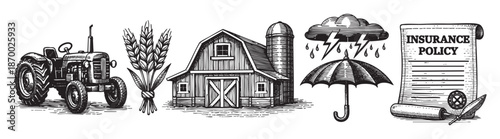 A woodcut style illustration shows a tractor, wheat, a barn, a stormy cloud with lightning and umbrella, and an insurance policy document.