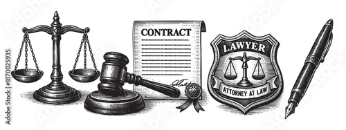 A black and white illustration depicts essential legal symbols: scales of justice, a gavel, a contract document, a lawyer badge, and a fountain pen, evoking themes of justice, law, and legality.