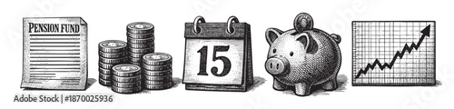 A vintage woodcut style illustration featuring key financial elements: a pension fund document, stacks of coins, a calendar with the number 15, a piggy bank, and a rising stock chart.