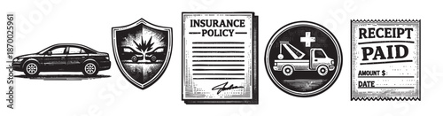 A collection of black and white graphic icons representing car insurance, policy documents, towing services, and paid receipts, ideal for automotive and financial concepts.