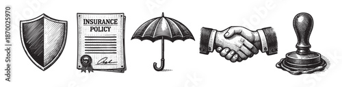 A black and white sketch illustration featuring five conceptual symbols of insurance: a shield, an insurance policy document, an umbrella, a handshake, and a stamp, all isolated on a white background.