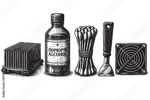 A collection of computer cleaning supplies including a heat sink, bottle of isopropyl alcohol, swabs, and a fan, rendered in a vintage woodcut style against a white background.