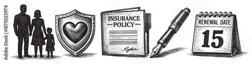 A classic illustration depicting elements of insurance, including a family silhouette, a heart-filled shield, an insurance policy document with a pen, and a calendar marking a renewal date.