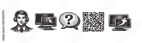 A vintage-style illustration features a customer service representative wearing headphones, computers, a speech bubble with a question mark, and a QR code, representing digital support and inquiry.