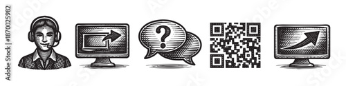 A graphic illustration in a woodcut style depicts a customer service representative with headphones, computers showing an upward arrow, chat bubbles with a question mark, and a QR code.