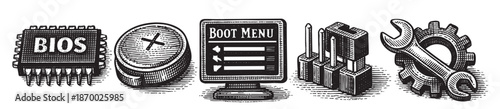 A set of black and white woodcut style icons representing computer hardware and technology, including BIOS chip, boot menu, and tools.