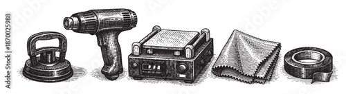 A collection of vintage tools including a heat gun, a heat press machine, a microfiber cloth, a roll of tape, and a kettlebell, rendered in detailed line art style on a white background.