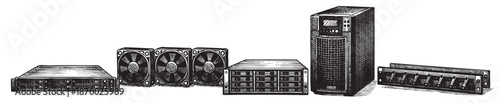 A black and white illustration depicting a collection of vintage computer server racks, fans, and storage devices arranged on a white background, suitable for technical or historical themes.