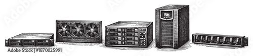 Black and white woodcut illustration of various vintage computer server units, including rackmount, tower, and fan units, on a white background.