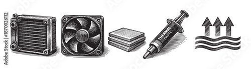 Engraved illustration showcasing computer cooling elements including a heat sink, fan, thermal paste syringe, and heat dissipation symbols, ideal for tech articles and hardware guides.