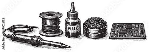 A detailed illustration in monochrome depicts soldering equipment including a spool of wire, flux bottle, solder sponge, and a circuit board, representing electronics repair and DIY projects.