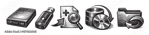 This vintage woodcut style illustration features a collection of icons representing technology, data storage, backup, and transfer, including a USB drive and folder.