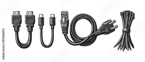 A stylized, black and white illustration featuring various electronic cables and zip ties, conveying organization and connectivity in a vintage aesthetic.