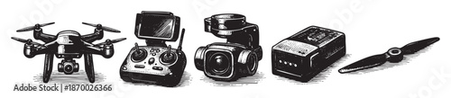 A vintage-style black and white sketch illustrates various drone components, including a quadcopter, remote controller, camera gimbal, and propeller, presented in a lineup.