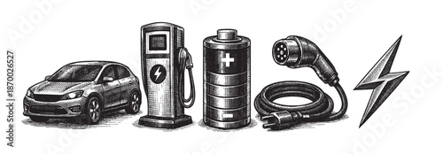 A stylized, hand-drawn collection of elements representing electric vehicle charging, including a car, charging station, battery, plug, and lightning bolt.