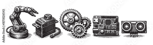 Vintage style illustration depicting robotic arm, servo motor, gears, circuit board, and ultrasonic sensor against a white background, perfect for technology and engineering themes.