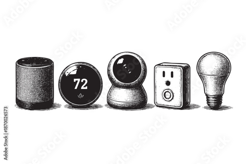 A black and white illustration depicts a collection of smart home devices including a speaker, thermostat, security camera, smart plug, and light bulb.