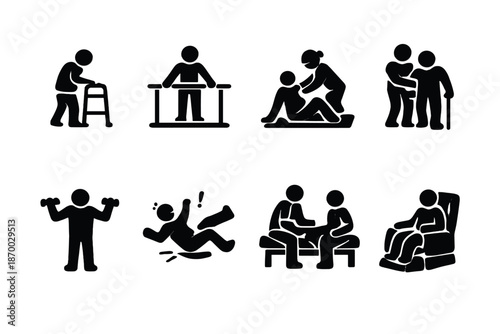 Elderly Physiotherapy Icons. Elderly Physiotherapy. Filled icon set of Elderly Physiotherapy: senior walking