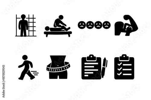 Physiotherapy Icon Set. Physiotherapy Assessment. Filled icon set of Physiotherapy Assessment: posture