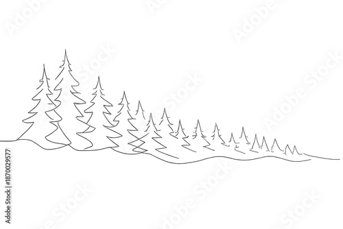 Foggy Spruce Forest. Winter spruce forest in fog. Minimalistic one-line drawing slender spruce trees fading