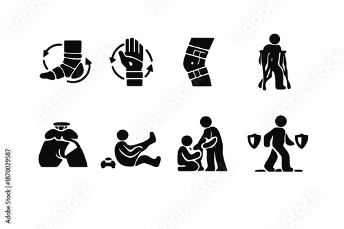 Injury Rehabilitation Icons. Injury Rehabilitation. Filled icon set of Injury Rehabilitation: ankle recovery,