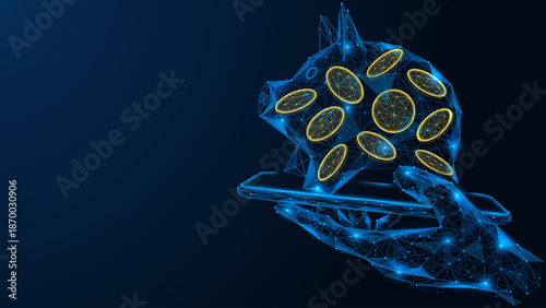 A smart savings vault. A digital piggy bank with coins inside, placed on a smartphone screen. The concept of mobile banking, fintech services, online savings and automated personal finance management.