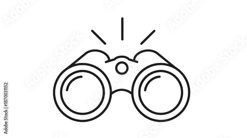 Simple line art illustration of a pair of binoculars with radiating light bursts