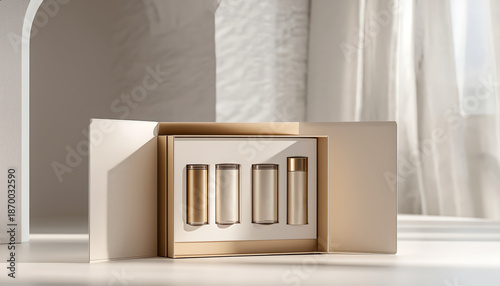 Elegant packaging showcases luxurious containers in bright room light