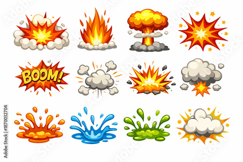 A collection of cartoon-style explosion and impact effects, available as a sprite sheet or sticker pack.