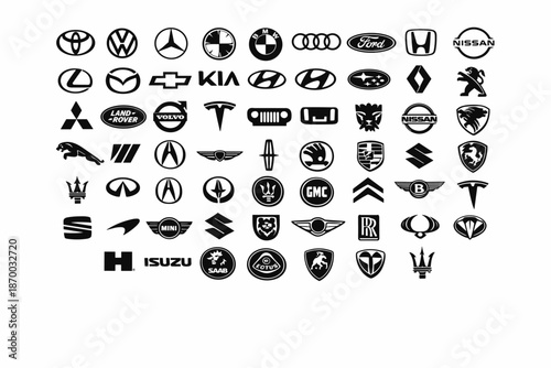 a large number of car brand logos (about 50–60) arranged in a grid on a white background. All logos are black and white, without colors.