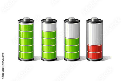Four stylized batteries (AA type) arranged in a row, showing different charge levels. The batteries have gray tops with plus signs and realistic reflections, white background.