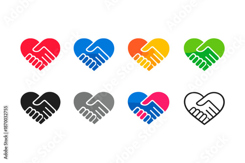 A set of 8 icons combining the symbols of a handshake and a heart. Each icon is stylized to look like two hands shaking each other, forming a heart shape.
