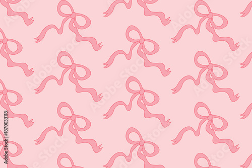 A seamless pattern with hand-drawn pink bows and ribbons on a pink background. Perfect for fabrics, packaging, and wallpaper.