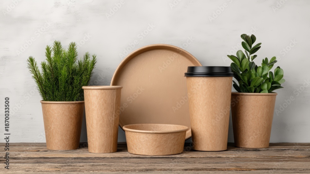 Fototapeta premium A collection of eco-friendly, brown paper containers and green plants arranged on a wooden surface, emphasizing sustainability and natural aesthetics.