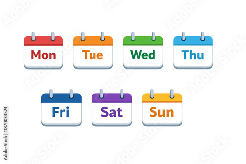 a set of seven stylized calendar icons representing the days of the week (from Monday to Sunday)