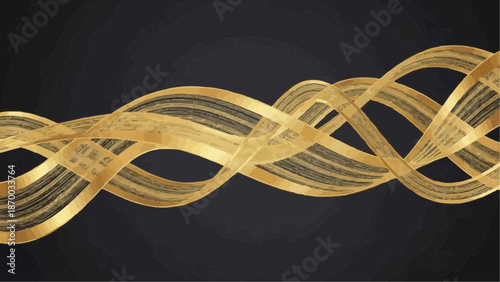 a striking abstract illustration features a swirling golden ribbon against a deep black background creating a sense of motion