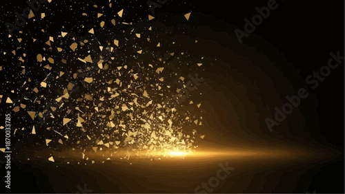 a vibrant explosion of golden particles ascending from a brilliant light source against a dark background creates a dramatic