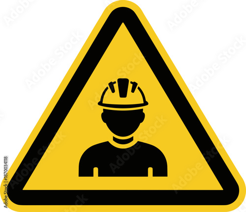 Construction site warning symbol, worker with helmet, yellow triangle, copy space