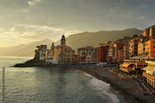 Colorful town Camogli, Liguria on the Mediterranean coast, in warm light of s...