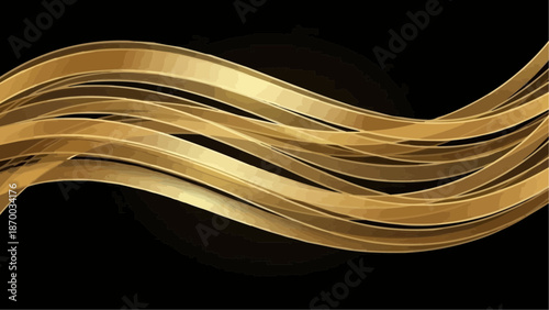 An elegant abstract design featuring flowing golden ribbons against a dark background creating a sense of luxury and movement