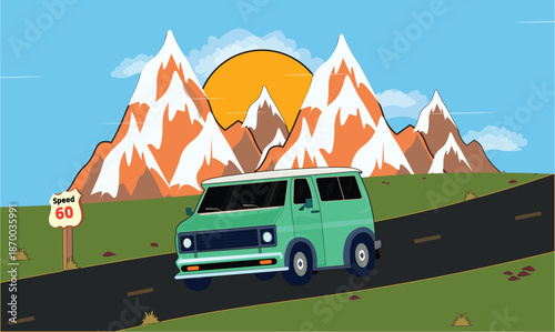 Van car on a road in a mountainous landscape sunset view