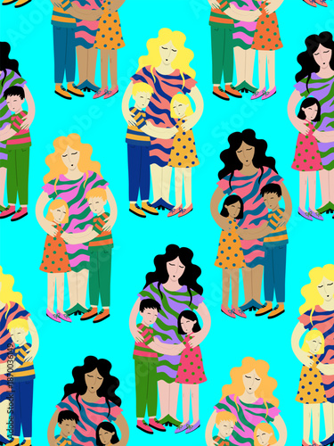 seamless pattern mothers hugging children blue background happy mothers day vector illustration texture
