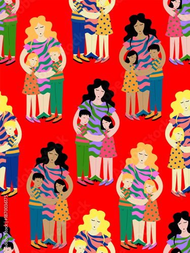 seamless pattern mother holding children with love red background vector illustration mothers day greeting card poster